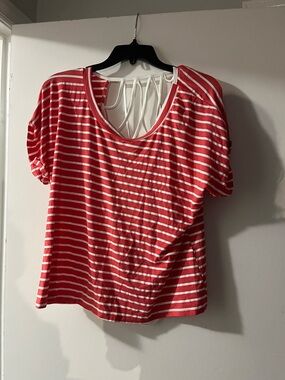 Women’s Red and White Striped Short Sleeve Tee with Open Back Detail